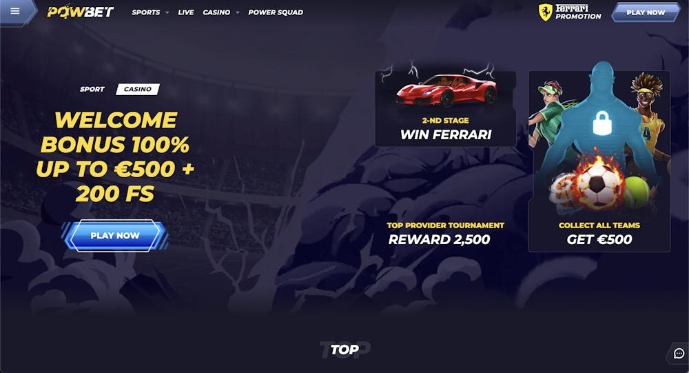 powbet casino home page with bonuses displayed