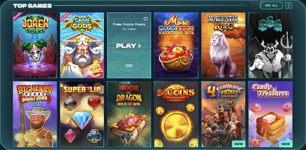 Selection of top games at PowerUp Casino, including Joker Cashpot, Cash of Gods, Flame Fruits Frenzy, and Fantastic Vikings Go Fishing, displayed in vibrant graphics.