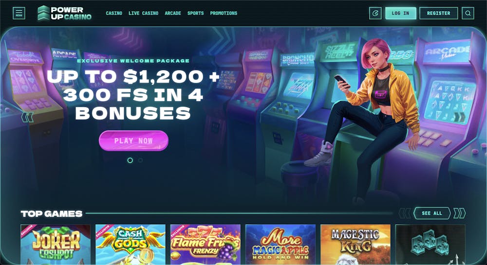 PowerUp Casino homepage featuring a retro arcade theme with a welcome package of up to $1,200 + 300 free spins and a selection of top games displayed below.