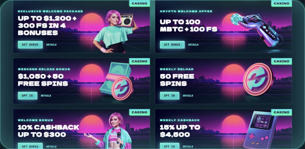 Promotional offers at PowerUp Casino, showcasing bonuses like up to $1,200 + 300 free spins, crypto welcome offers, cashback deals, and weekend reload bonuses in a retro neon style.