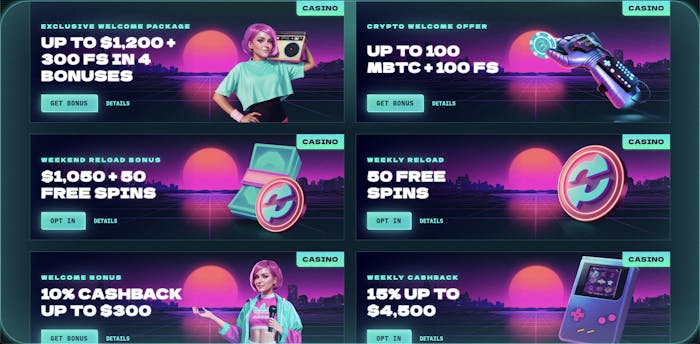 Promotional offers at PowerUp Casino, showcasing bonuses like up to $1,200 + 300 free spins, crypto welcome offers, cashback deals, and weekend reload bonuses in a retro neon style.