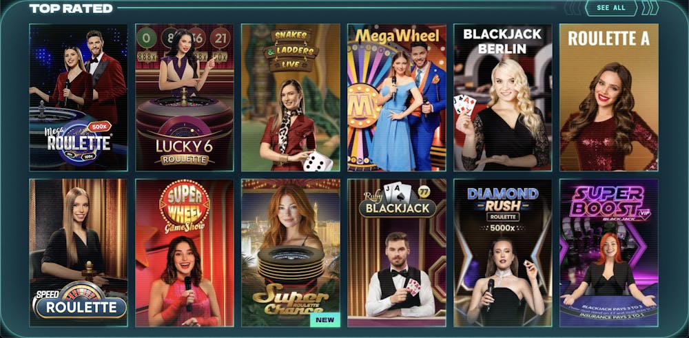 Top-rated live casino games at PowerUp Casino featuring Mega Roulette, Lucky 6 Roulette, Snakes & Ladders Live, Mega Wheel, and more, displayed in a sleek digital interface.