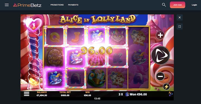 Alice in Lollyland slot game with a win of €96.00, displaying colorful candy-themed symbols and the game interface.