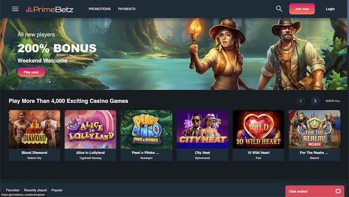 PrimeBetz Casino homepage displaying a '200% Weekend Welcome Bonus' with a jungle adventure-themed background and a selection of popular games like 'Blood Diamond' and 'Alice in Lollyland'.