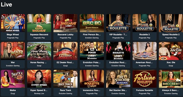 PrimeBetz Casino's live games lobby showing 'Mega Wheel', 'Squeeze Baccarat', 'Baccarat Lobby', 'First Person Baccarat', 'VIP Roulette', 'American Roulette', and more.