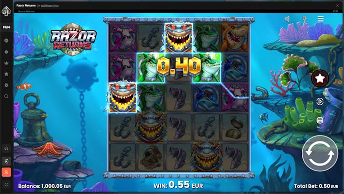 Razor Returns slot game screen showing a winning combination of sharks and other underwater symbols with a displayed win of 0.40 EUR.