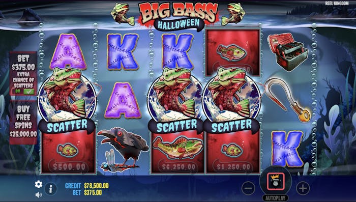 reels in big bass bonanza with 3 big scatter symbols dominating the space