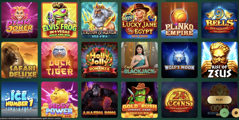 Selection of popular games at Richard Casino, featuring Pink Joker, Elvis Frog in Vegas, Safari Deluxe, and Gold Rush: Johnny Cash, displayed with eye-catching thumbnails.