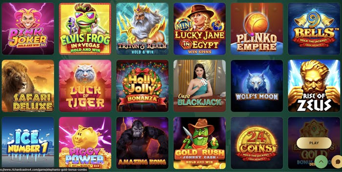 Selection of popular games at Richard Casino, featuring Pink Joker, Elvis Frog in Vegas, Safari Deluxe, and Gold Rush: Johnny Cash, displayed with eye-catching thumbnails.