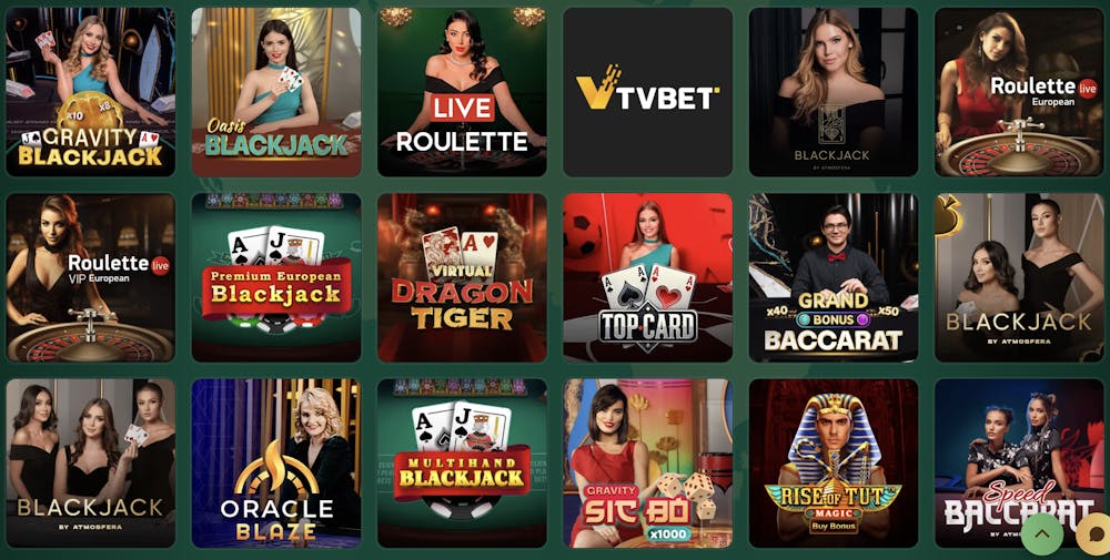 Grid showcasing live casino games at Richard Casino, including Gravity Blackjack, Oasis Blackjack, Virtual Dragon Tiger, and Grand Bonus Baccarat, with vibrant dealer images and themed game thumbnails.