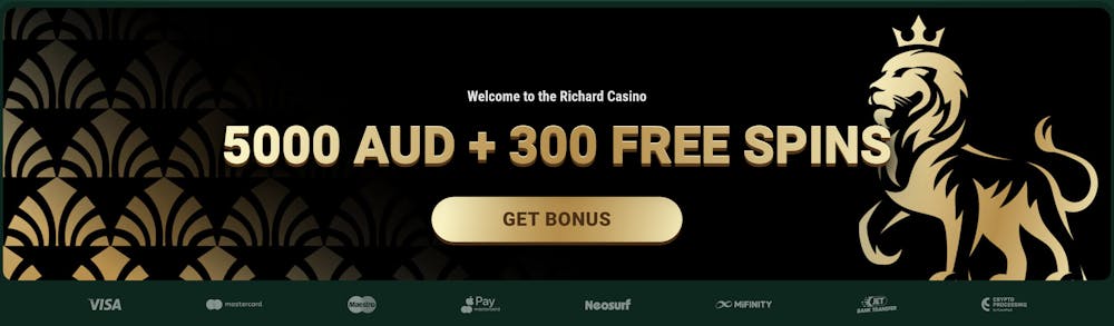 Promotional banner on Richard Casino advertising a welcome bonus of 5000 AUD and 300 free spins, with a gold lion logo on a black and gold patterned background