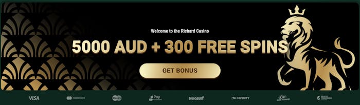 Promotional banner on Richard Casino advertising a welcome bonus of 5000 AUD and 300 free spins, with a gold lion logo on a black and gold patterned background