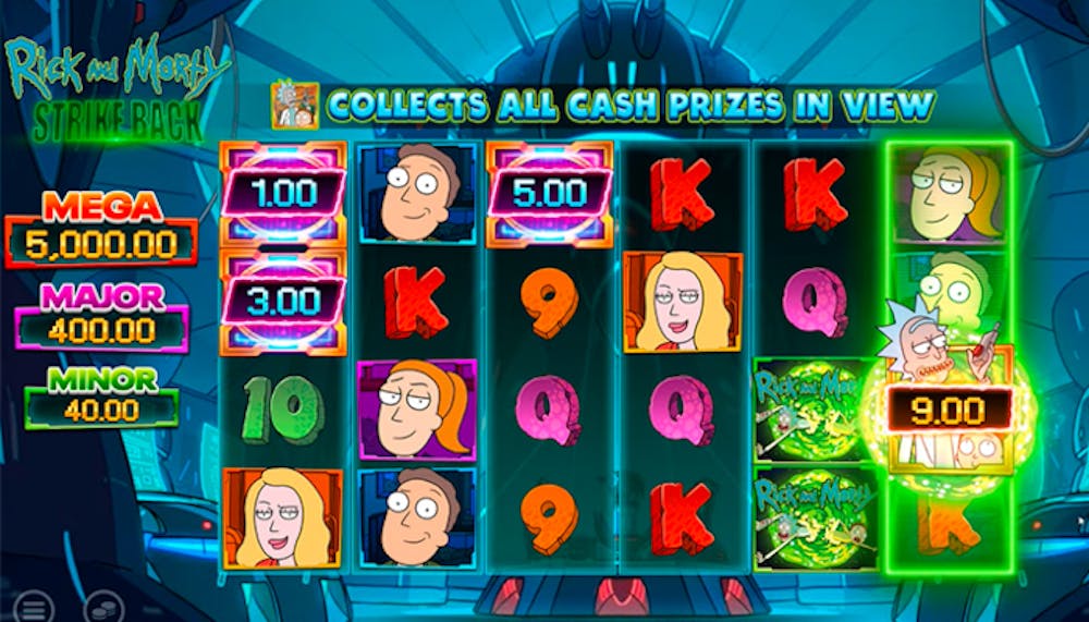 Reels screen of the Rick and Morty Strike Back slot showing reels with character symbols, cash prizes, and a sci-fi-themed interface.