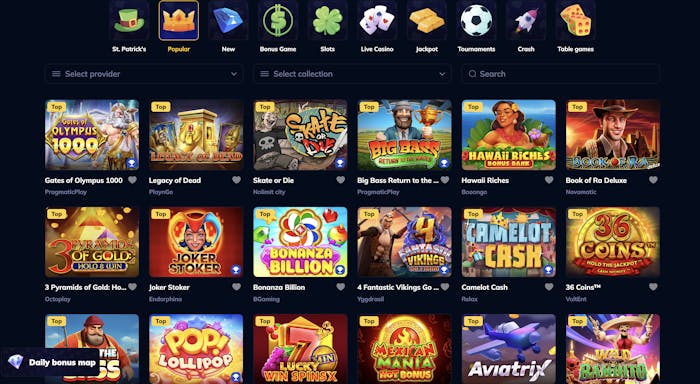 Popular games at Rio Ace Casino, featuring titles like 'Gates of Olympus 1000,' 'Legacy of Dead,' 'Skate or Die,' and 'Big Bass Return to the Rages.
