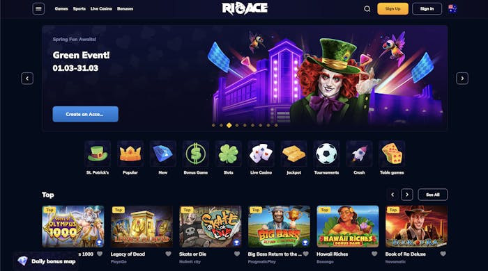 Homepage of Rio Ace Casino showcasing the 'Green Event' promotion with categories like St. Patrick's, popular games, new games, and live casino.