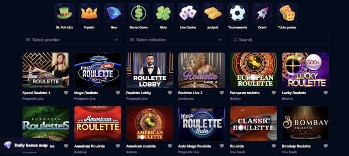 Live casino games at Rio Ace Casino including 'Speed Roulette 1,' 'Mega Roulette,' and 'European Roulette.