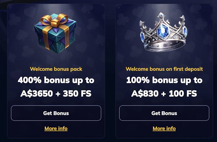 Rio Ace Casino promotions offering a 400% bonus up to A$3650 + 350 Free Spins and a 100% bonus up to A$830 + 100 Free Spins.