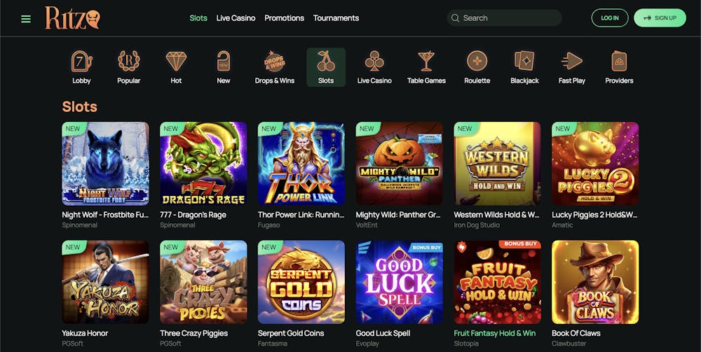 the selection of slots at rizto casino, with the other game format options displayed above the selection