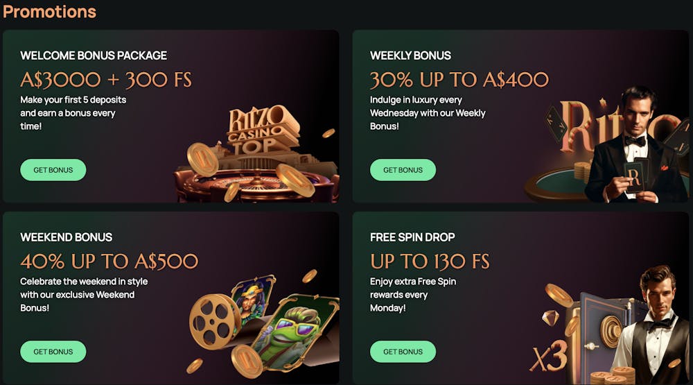 4 ritzo casino promotions lined up next to each other on a roaring 20s theme