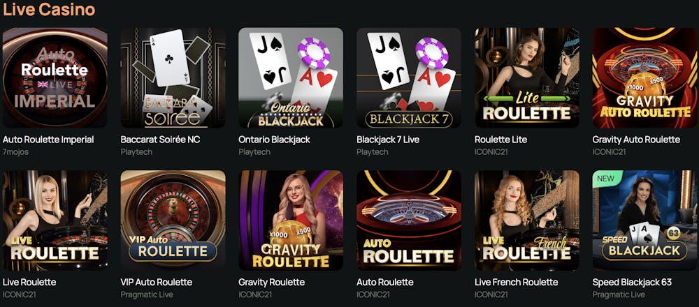 the live casino games selection at ritzo casino, with blackjack, roulette the most common options displayed