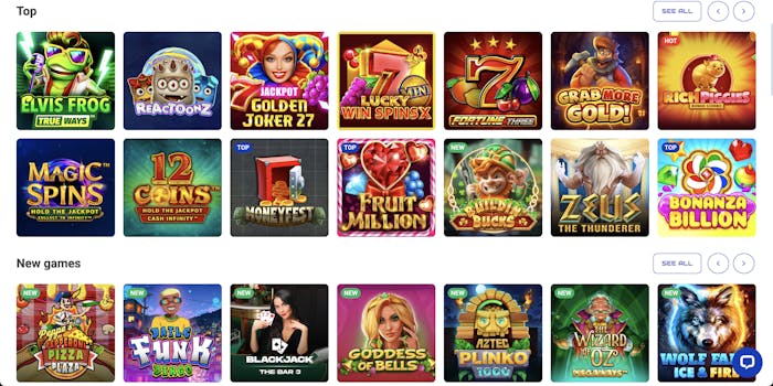 A selection of top-rated and newly released online pokies, showcasing well-known games like Elvis Frog True Ways, Reactoonz, and 12 Coins Hold the Jackpot. The section is divided into
