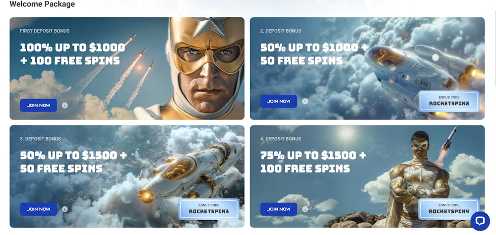 A futuristic-themed casino bonus page featuring a superhero character, advertising a welcome package of up to $5,000 plus 300 free spins. Bonus codes for different deposit tiers are displayed.