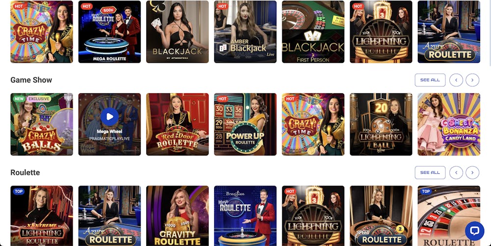 A diverse range of live casino games including Crazy Time, Mega Roulette, Lightning Roulette, and various live blackjack variations, hosted by real dealers.