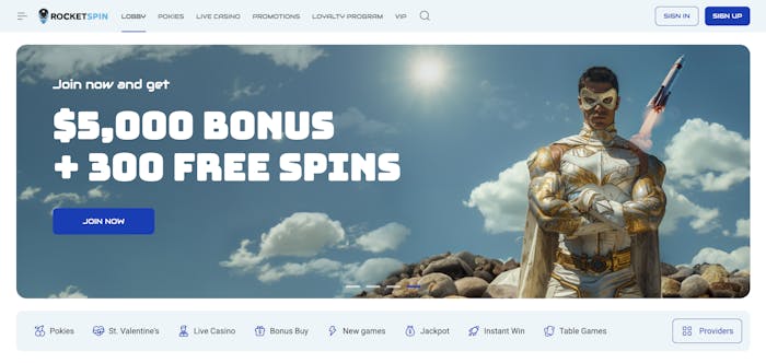 A sleek online casino homepage promoting a high-value welcome bonus of $5,000 and 300 free spins, with a futuristic superhero standing confidently against a sky backdrop with rocket ships.