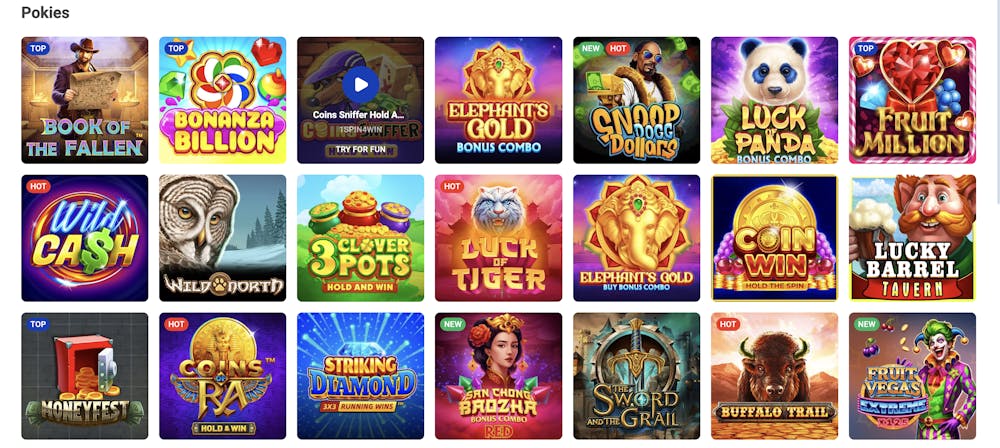 A grid of colorful online pokie game thumbnails, featuring popular titles like Book of the Fallen, Bonanza Billion, and Snoop Dogg Dollars. Some games are marked as 