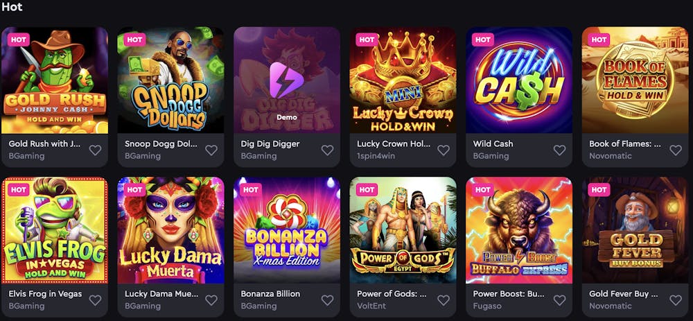 Rockwin casino's 'Hot' games section featuring popular pokies like Gold Rush, Snoop Dogg Dollars, Lucky Crown Hold & Win, and Elvis Frog in Vegas, with vibrant graphics and labels highlighting each game.