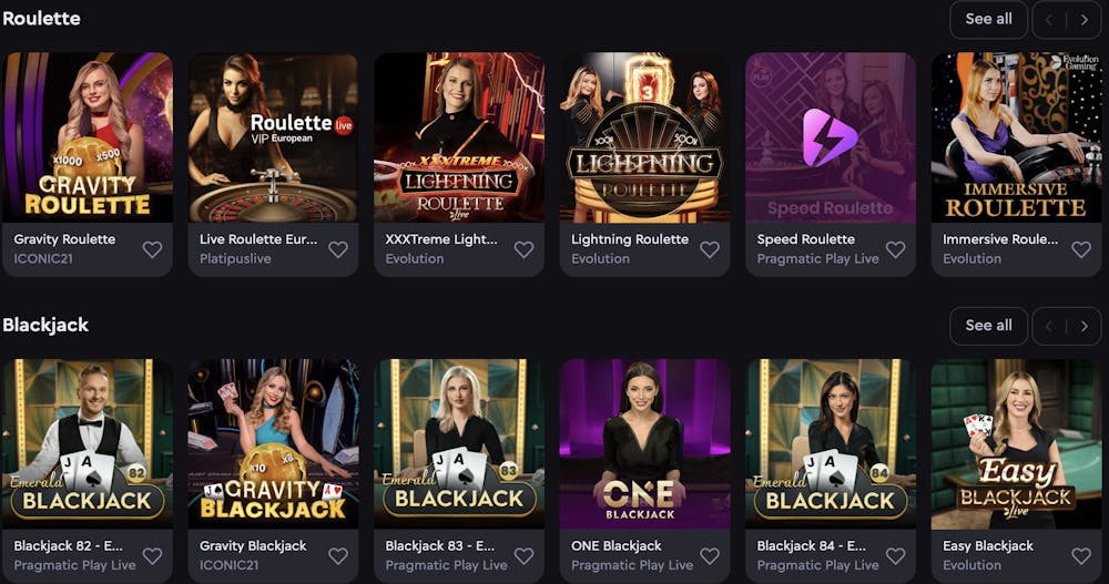 Rockwin casino's live dealer games section, showcasing roulette and blackjack options like Gravity Roulette, Lightning Roulette, and Blackjack 82, with elegant dealers and immersive game settings.