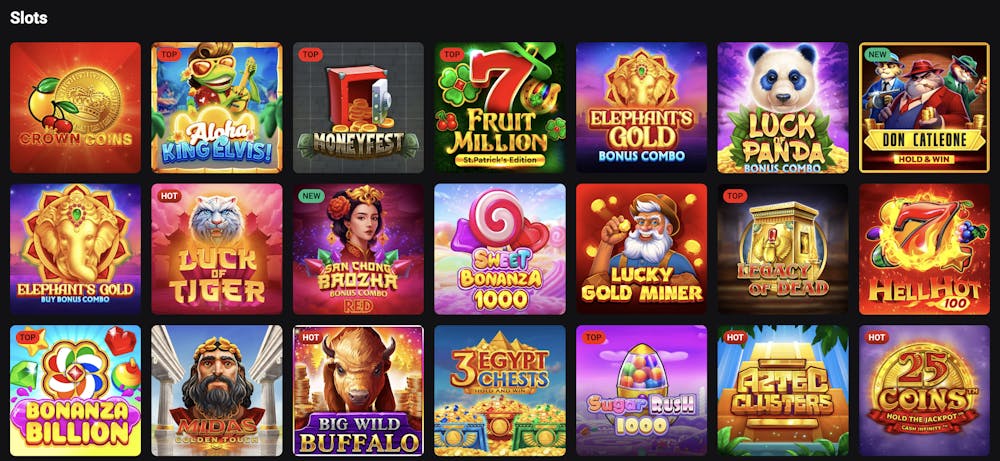 Rollero online casino games selection showcasing a variety of slot titles, including Crown Coins, Moneyfest, Sweet Bonanza 1000, Aloha King Elvis, and Legacy of Dead, with colorful graphics and bonus features.
