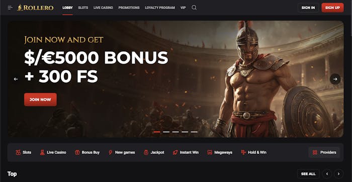 Rollero casino homepage featuring a bold welcome banner with a Roman gladiator, advertising a high-value bonus of up to $/€5000 and 300 free spins, with navigation to slots, live casino, promotions, and VIP program.