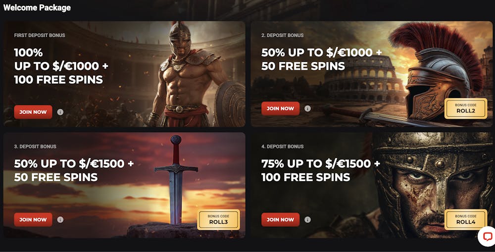 Rollero casino welcome bonus promotion, offering up to $/€5000 and 300 free spins for new players, with a Roman warrior-themed design and call-to-action buttons for joining.