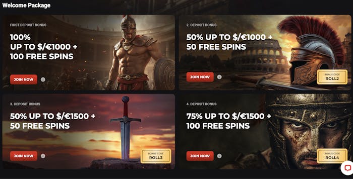 Rollero casino welcome bonus promotion, offering up to $/€5000 and 300 free spins for new players, with a Roman warrior-themed design and call-to-action buttons for joining.