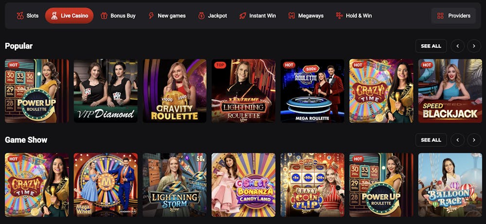 Rollero live casino lobby displaying popular table games and game shows, including Power Up Roulette, VIP Diamond Blackjack, Gravity Roulette, Mega Roulette, Crazy Time, and Lightning Storm Live, with professional live dealers