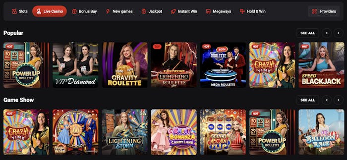 Rollero live casino lobby displaying popular table games and game shows, including Power Up Roulette, VIP Diamond Blackjack, Gravity Roulette, Mega Roulette, Crazy Time, and Lightning Storm Live, with professional live dealers