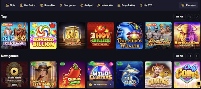 Rollxo casino pokies section featuring popular games like Zeus vs Hades: Gods of War, Bonanza Billion, Legacy of Dead, and 3 Hot Chillies.