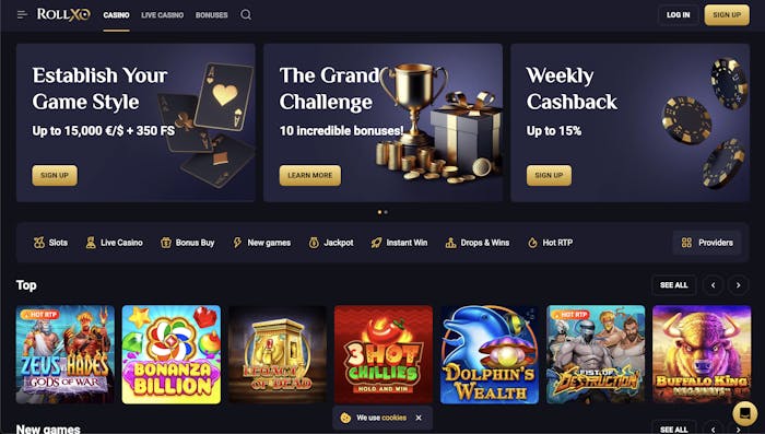 Rollxo casino homepage showing various promotional offers such as up to 15,000 €/ $ plus 350 free spins and weekly cashback up to 15%