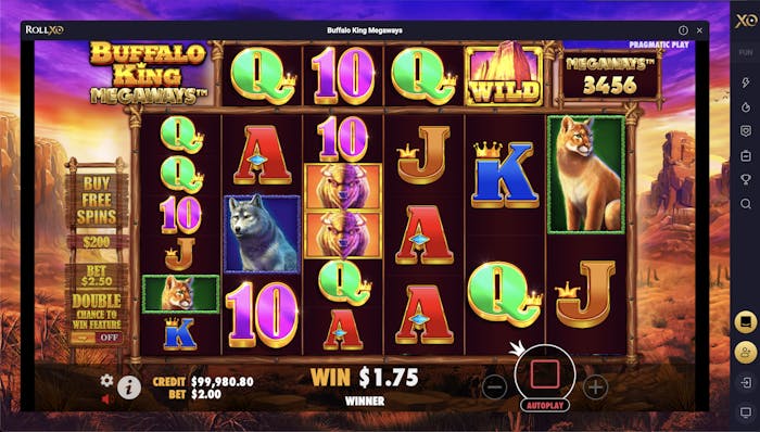 Buffalo King Megaways slot game showing reels with symbols like wilds, buffalo, and wolf, with a win of $1.75