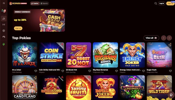 Roman Casino's home page with a welcome bonus of up to $750 + 200 Free Spins, and various categories like casino, live casino, sports, and jackpots available on the site