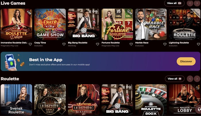selection of Roman Casino's live casino games, including immersive roulette, Crazy Time, and Big Bang roulette, with a banner promoting the mobile app