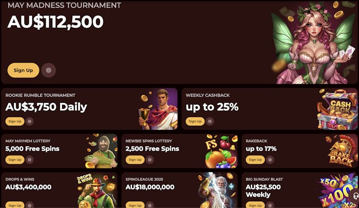 Roman Casino's promotions, including the May Madness Tournament with a prize of AU$112,500 and other casino rewards like weekly cashback and tournaments