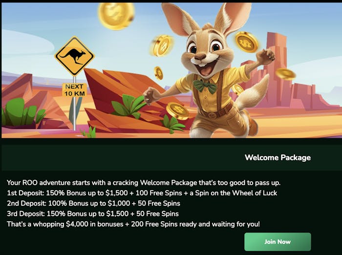a welcome package page with a full breakdown of the different deposit bonuses available at roo casino