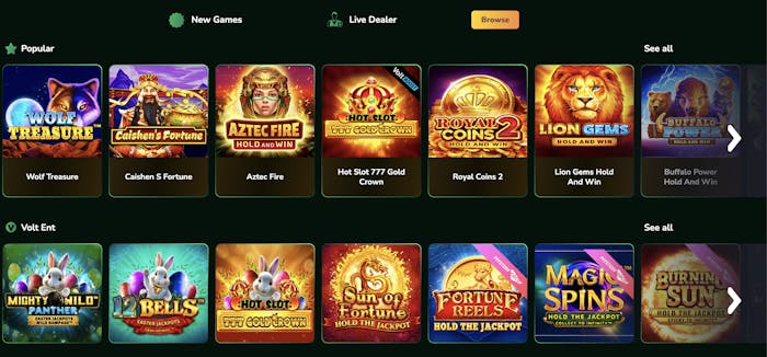 an arrangment of popular casino games available at roo casino, with wolf treasure and lion gems featured