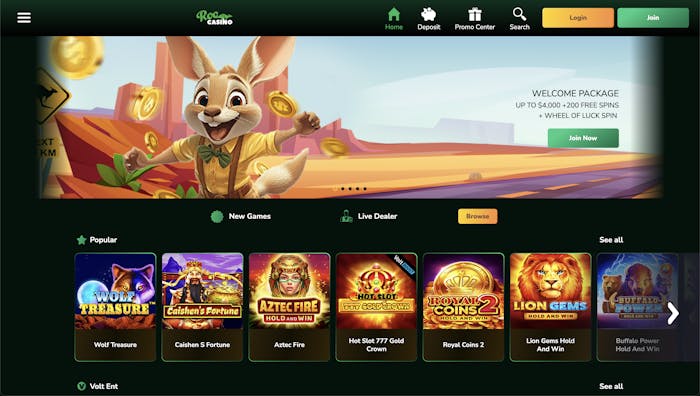 roo casino home page with a cartoon kangaroo next a welcome bonus, with a menu of games underneath