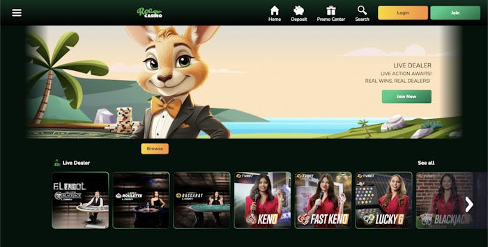 the live casino games selection at roo casino, with a cartoon kangaroo in a dealers suit looming about the game collection