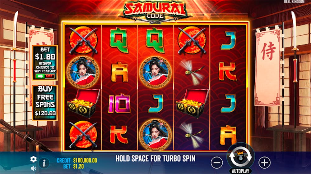 Samurai Code pokie in play, showing a 5-reel grid with symbols like crossed swords, a geisha portrait, gold treasure chests, and traditional card values, set against a Japanese dojo backdrop with swords and scrolls on display.