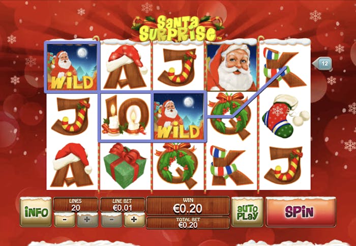 Santa Surprise online slot game with festive symbols including Santa Claus, candles, gifts, wreaths, and stockings, displayed on a red background with a 5x3 reel layout, featuring a Wild Santa symbol and 20 paylines.