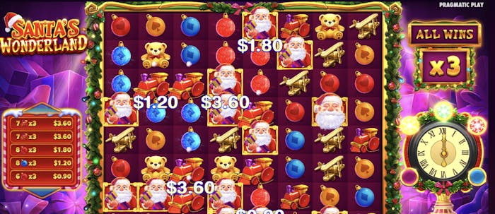 an instance of wild santa symbols activating to form winning combinations on pragmatic plays santa wonderland slot, with win amounts appearing on the reels